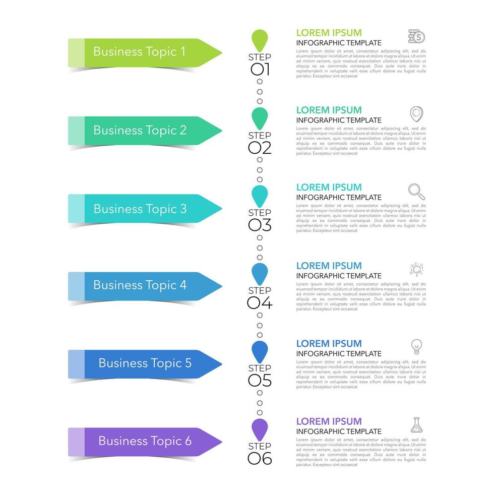 la plantilla de diseño infográfico se puede utilizar para presentación, banner, gráfico, flujo de negocios y diagrama. plantilla de línea de tiempo plana moderna con 6 opciones, partes, paso para el proceso. plantilla abstracta. vector