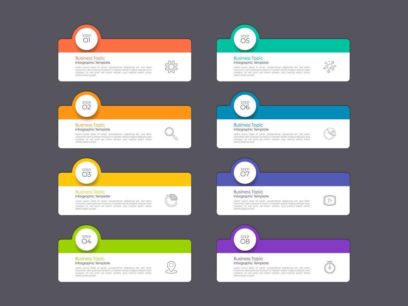 Modern infographics business design with 8 option concepts, parts, steps, arrows or processes can be used for workflow layout, diagram, number options, web design, element and banner. vector