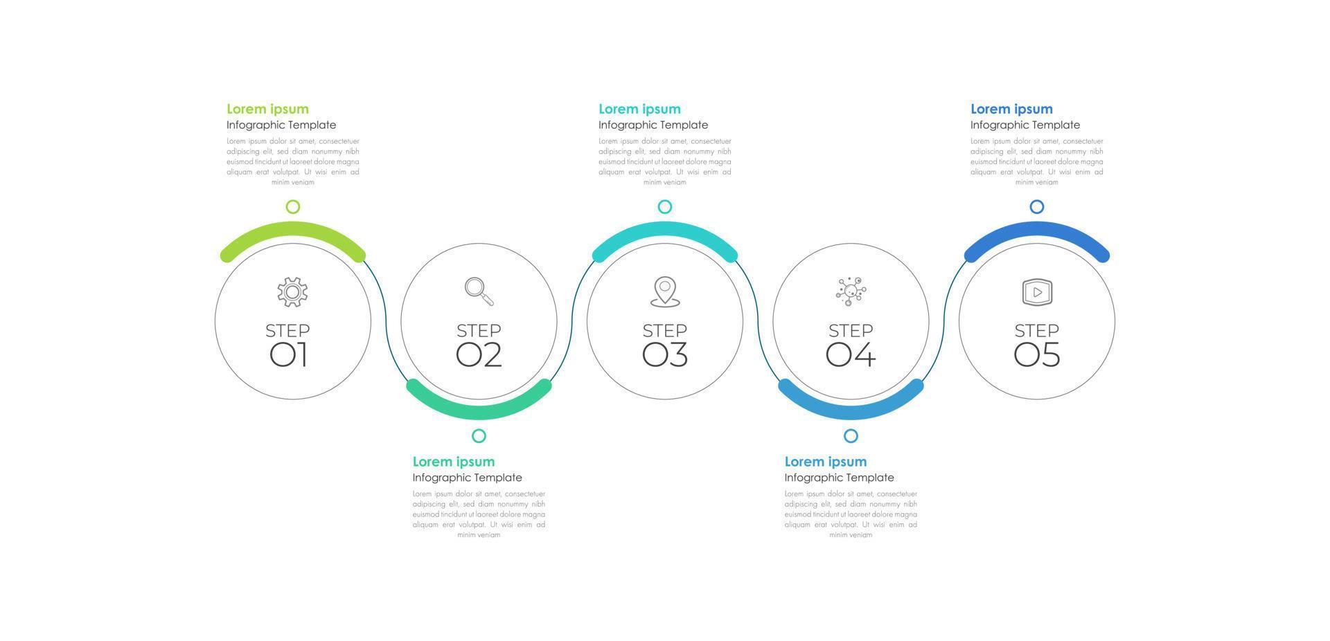 La plantilla de línea de tiempo de infografía moderna se puede utilizar para el diseño de flujo de trabajo, diagrama, opciones de número, diseño web. concepto de negocio infográfico con 5 opciones, partes, pasos o procesos. vector