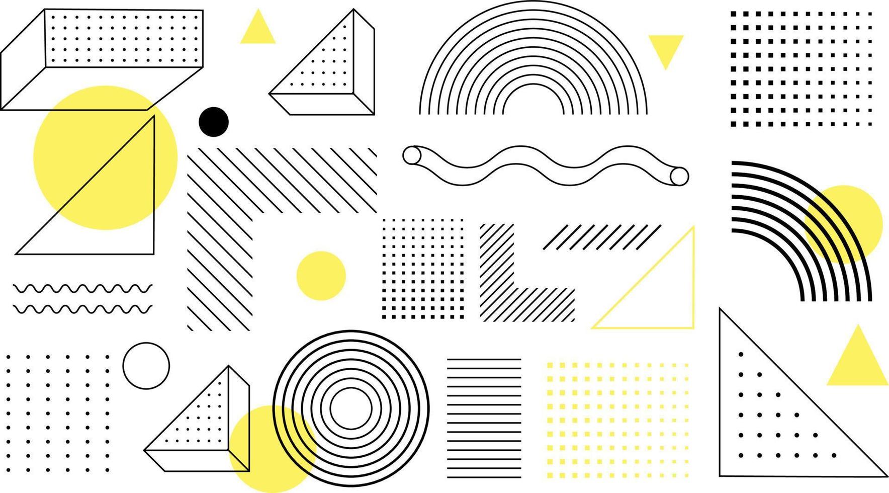 conjunto de formas geométricas de semitono de tendencia universal yuxtapuestas con una composición de elementos de color amarillo brillante. elemento de diseño para revista, folleto, cartelera, volante, venta, folleto, etc. vector