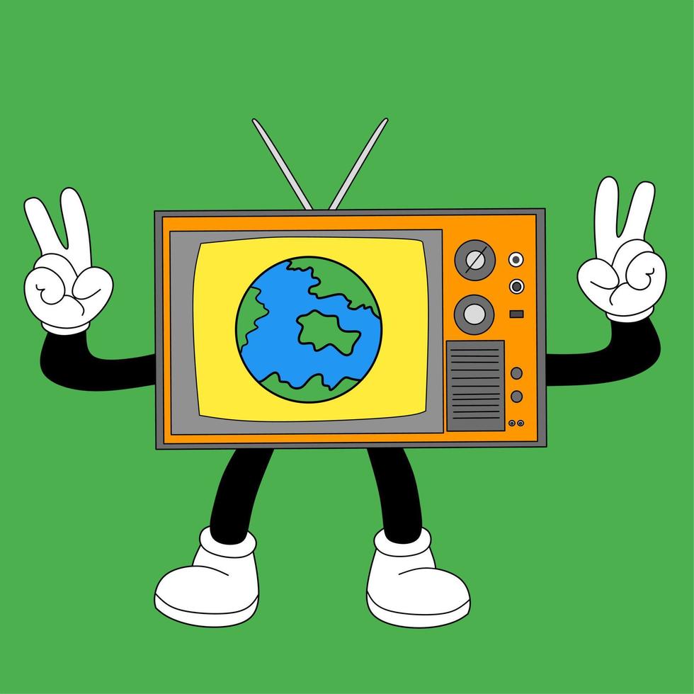 a cute cartoon television illustration with the earth on the screen on a bright color background vector