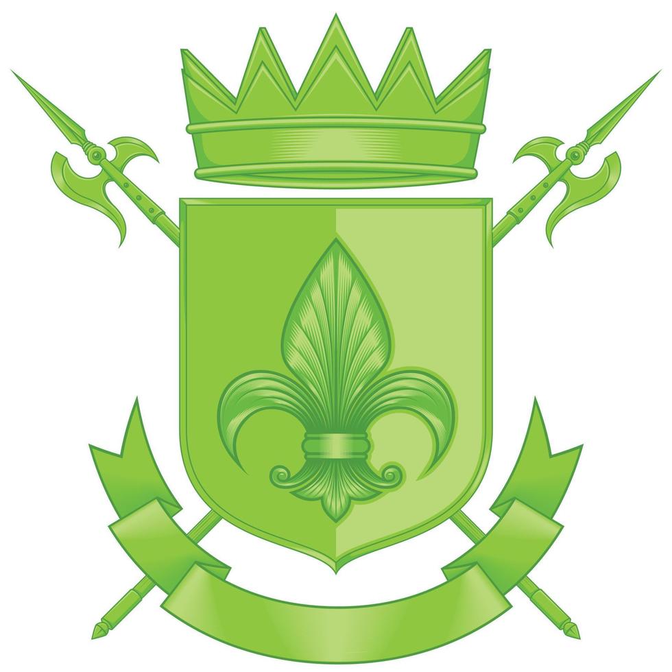Middle ages heraldic shield vector design, coat of arms with fleur de lis heraldic symbol, with halberd, crown and ribbon