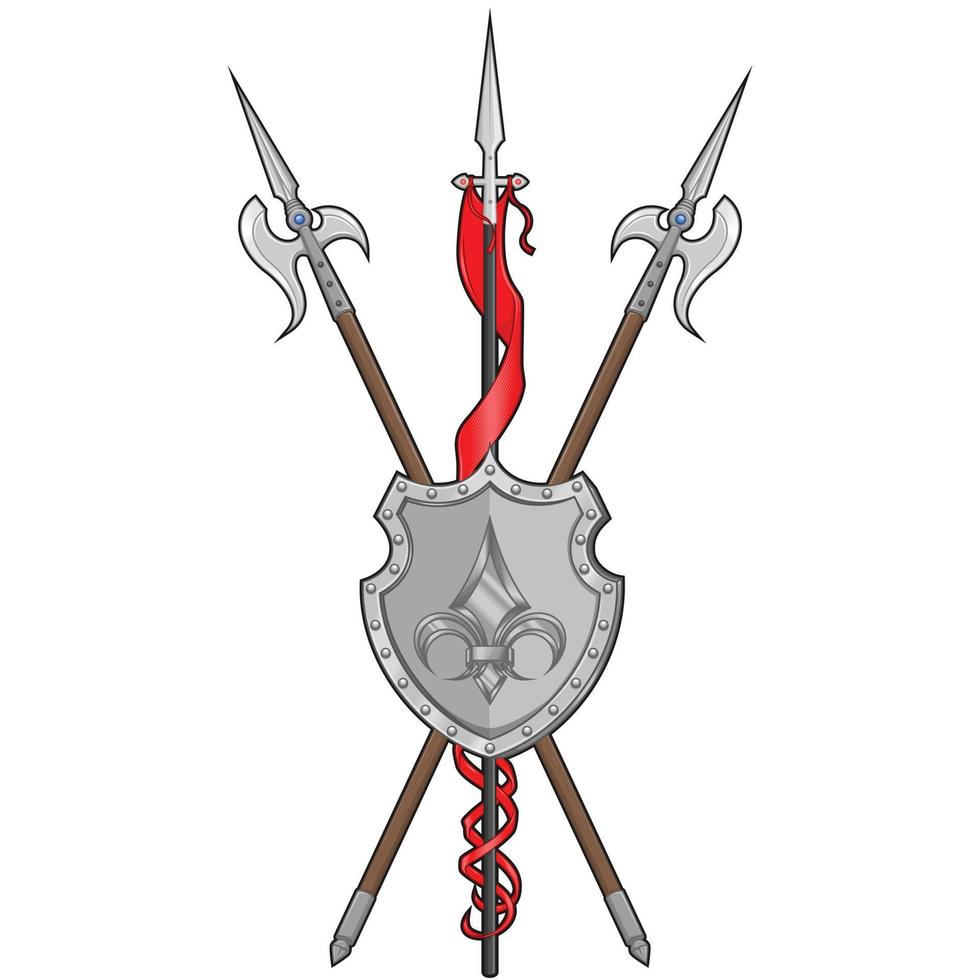 Middle ages heraldry shield vector design, coat of arms with fleur de lis heraldic symbol, with halberd and spear with pennant