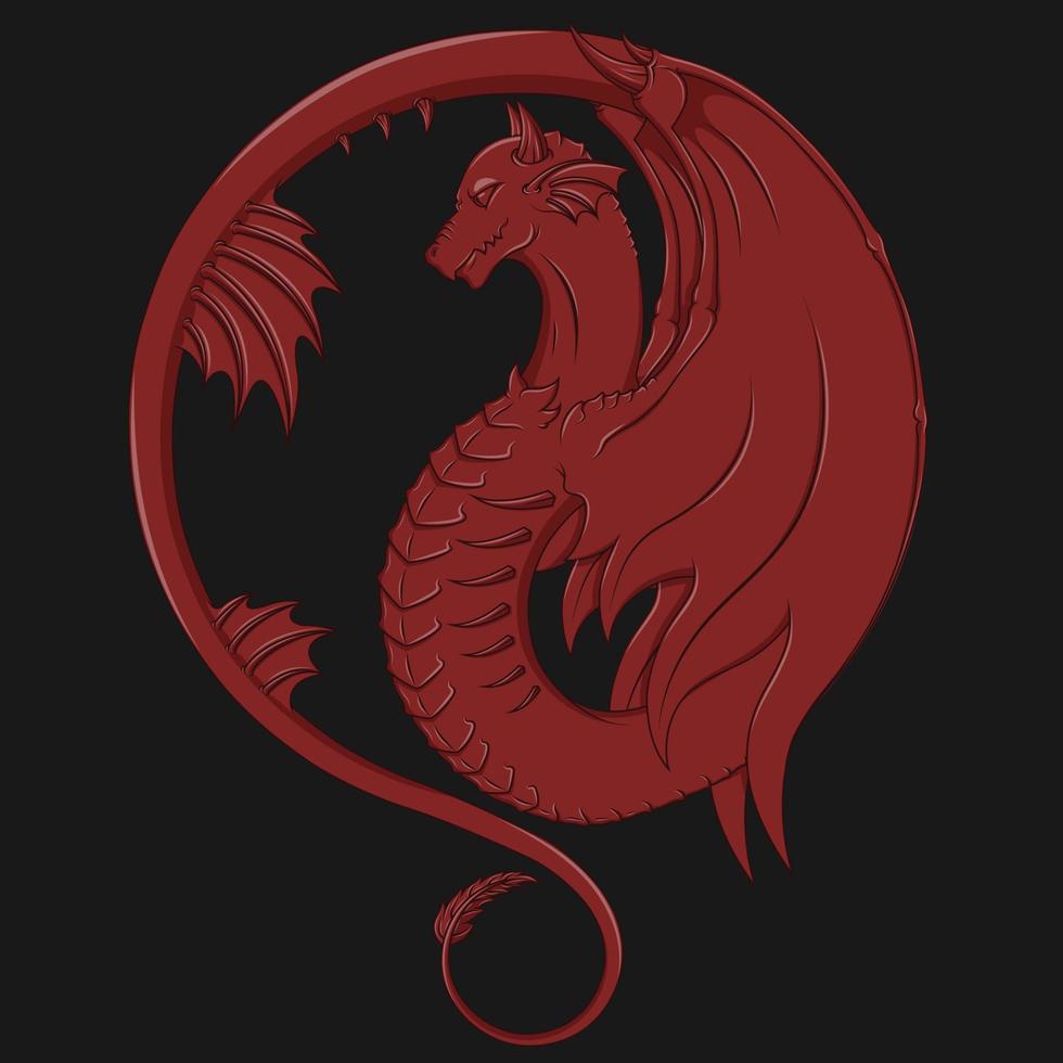 Western dragon vector design with wings and horn, black background.Dragnd the sun in the background