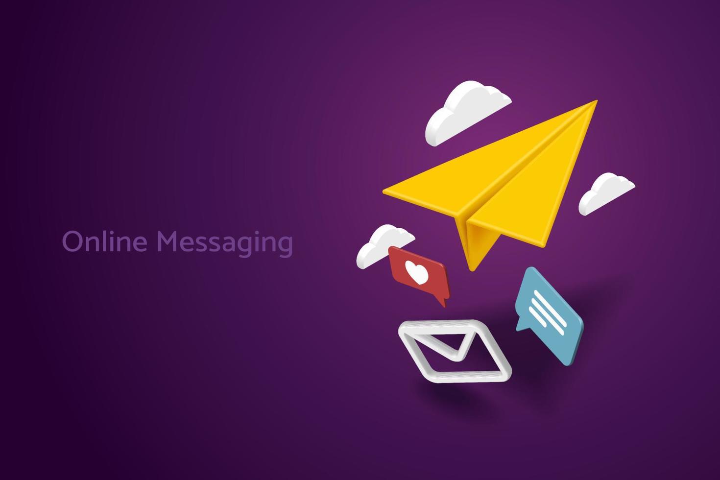 Yellow paper plane and newsletter icon message heart cloud on purple background. vector