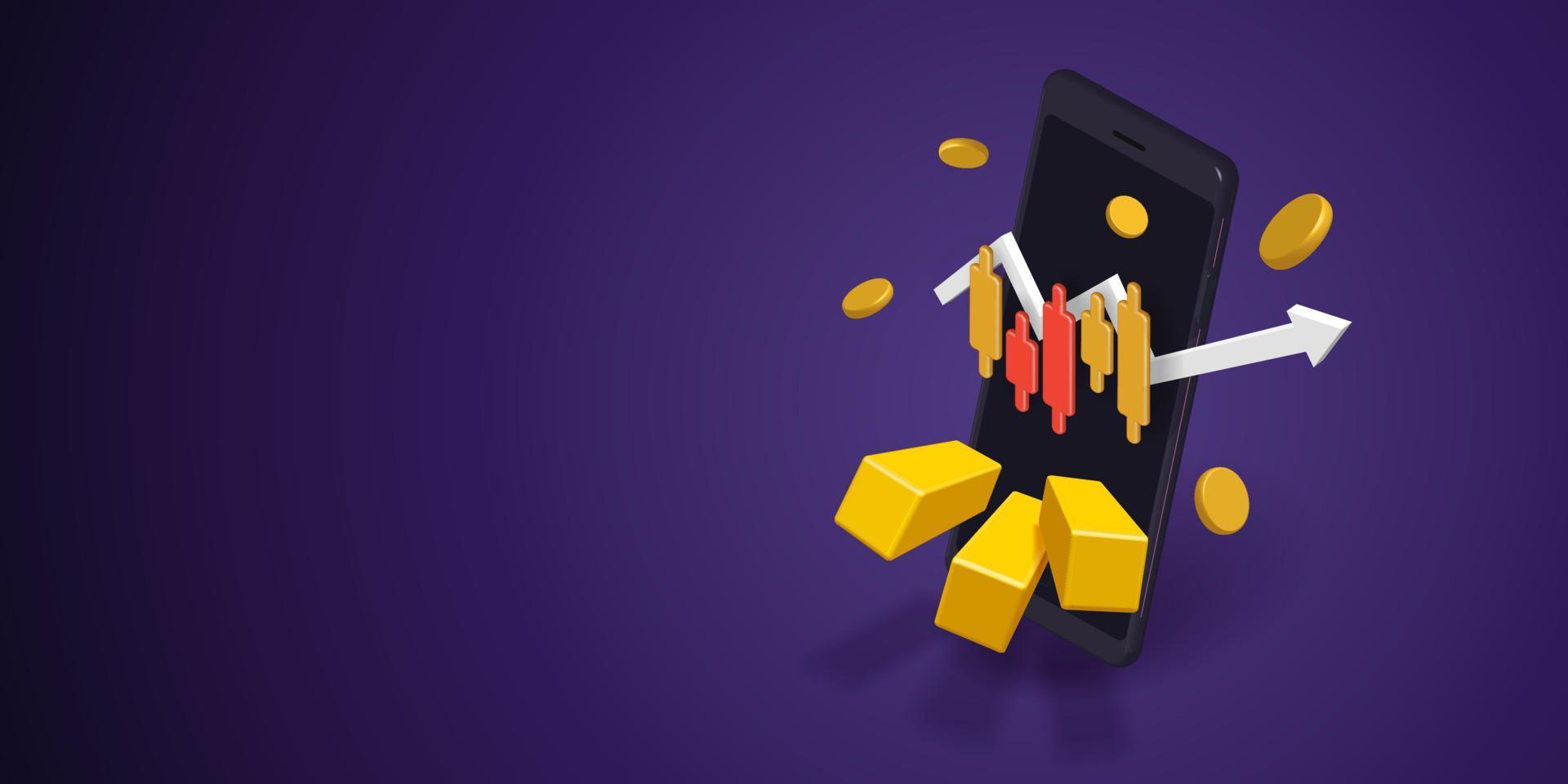 Candlestick chart graphs and gold bars buying and selling gold via smartphone. vector
