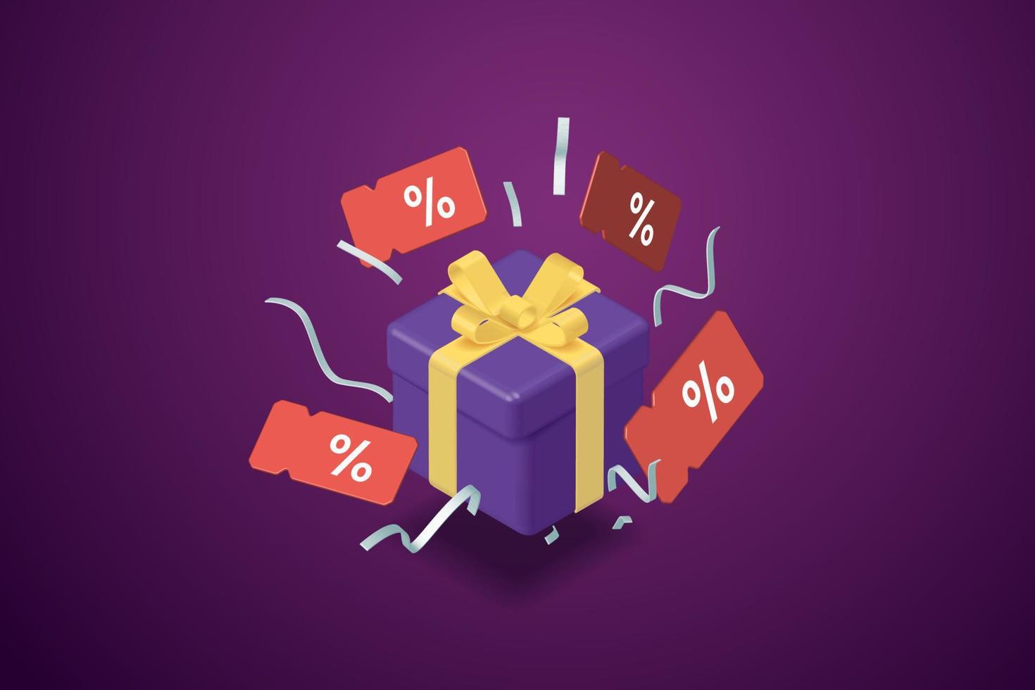 Discount coupons floating around gift boxes on a purple background vector