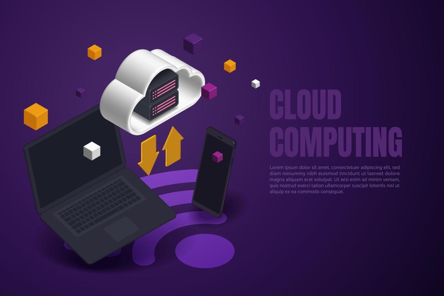 Cloud services via mobilephone and laptop devices uploading and downloading data online vector