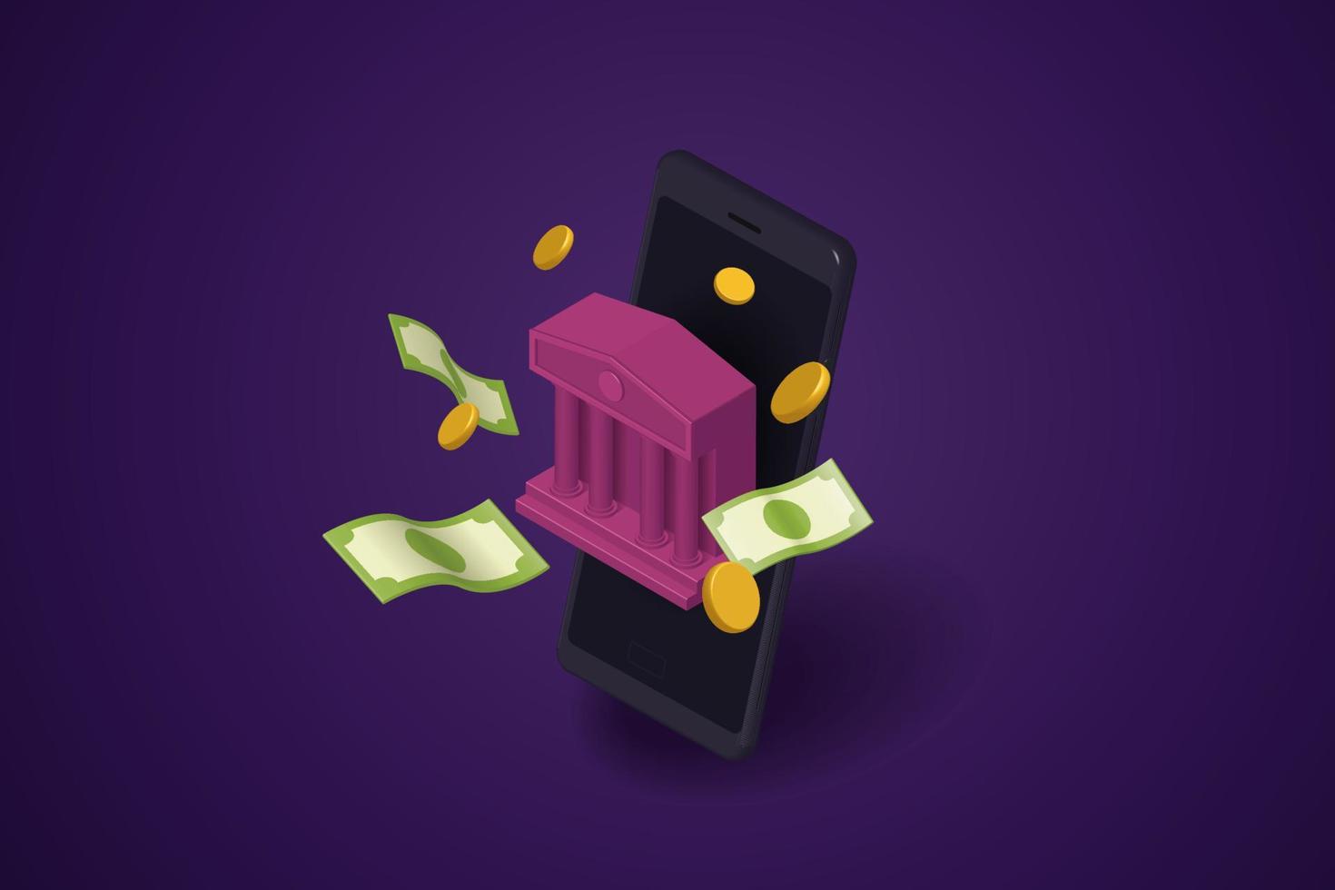 Coins, banknotes and bank buildings float from smartphones on purple background vector