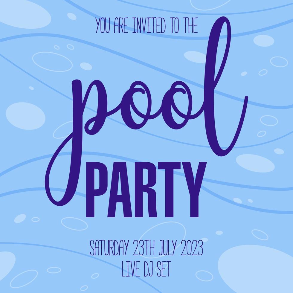 Summer pool party poster design template with waves and bubbles on water background. Vector illustration in flat style for weekend summer  pool party banner, broadsheet, leaflet, flyer or invitation.