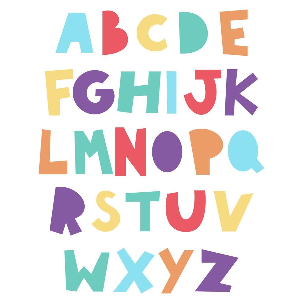 Colourful letters of the English alphabet. Uppercase ABC letters font design of different colours suitable for teaching children and educational kids projects. Isolated vector characters in flat style