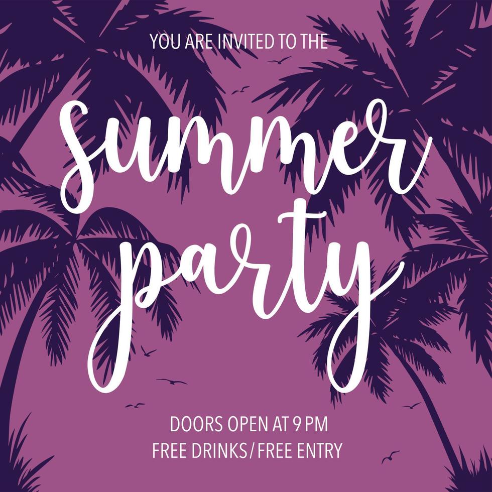 Summer party invitation banner or poster for social media posts or web projects. Beach summer party invite card with palm trees and flying birds on background. Vector illustration in flat style.