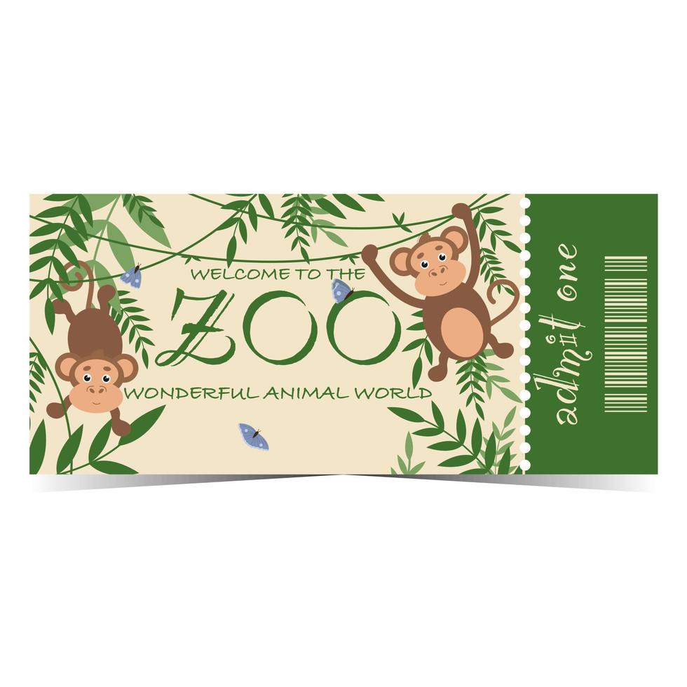 diseño de boletos de entrada al zoológico con monos en enredaderas en la jungla. ilustración vectorial en estilo plano de garra o cupón de entrada al jardín zoológico con parte desmontable o desprendible y código de barras. vector