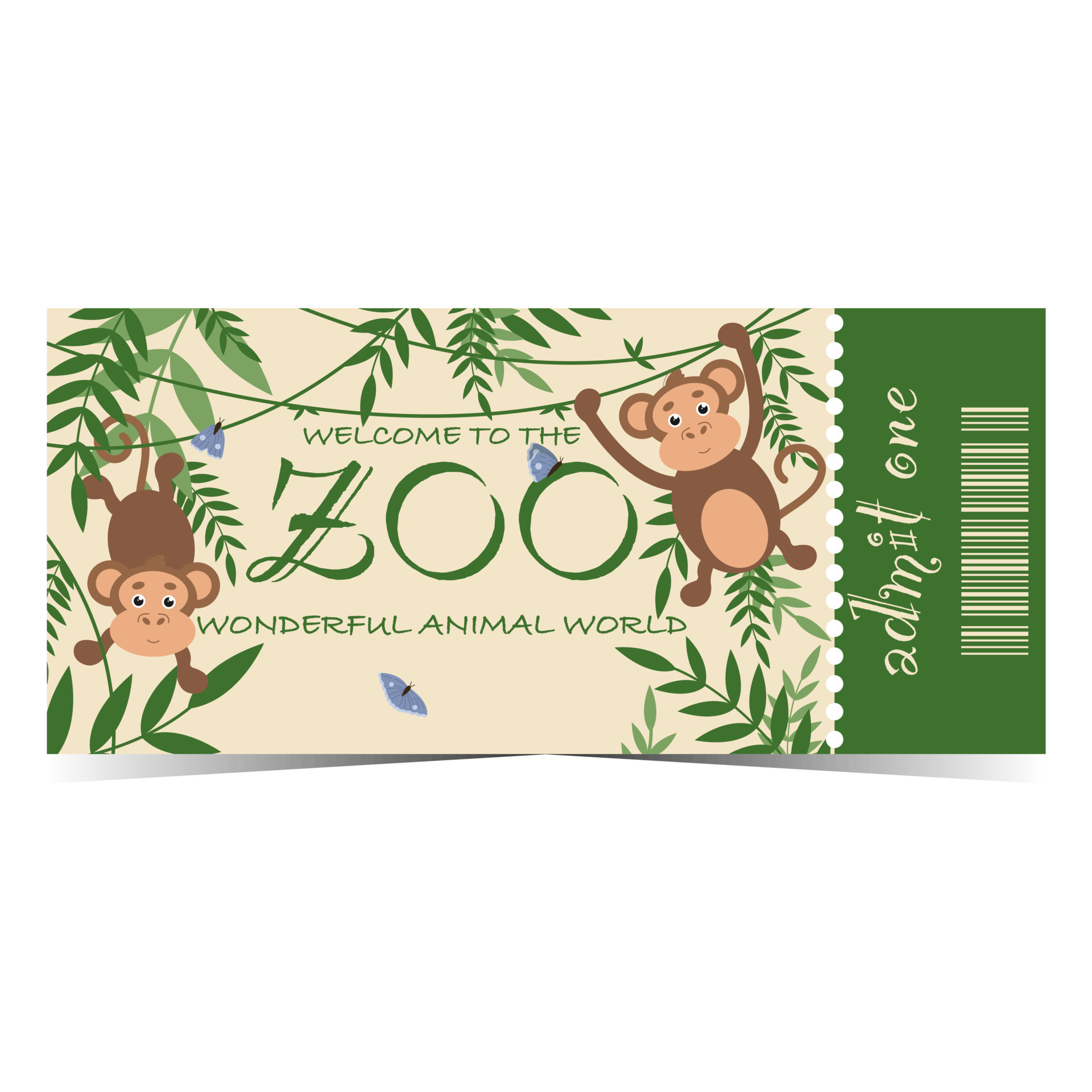 Zoo entrance ticket design with monkeys on creepers in the jungle