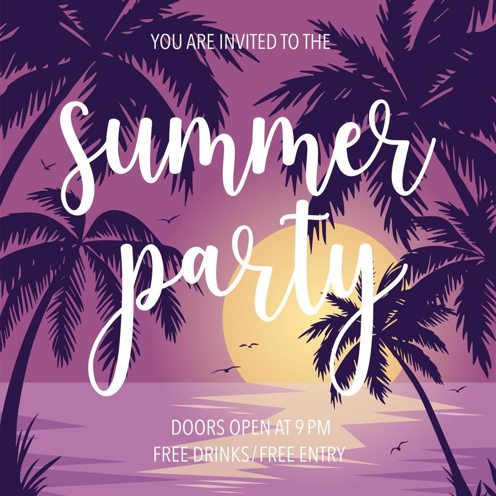 Vector summer party poster or banner with sunset by the sea, palm trees, flying birds on background and editable text. Vector illustration suitable for summer beach party invitation, brochure or flyer