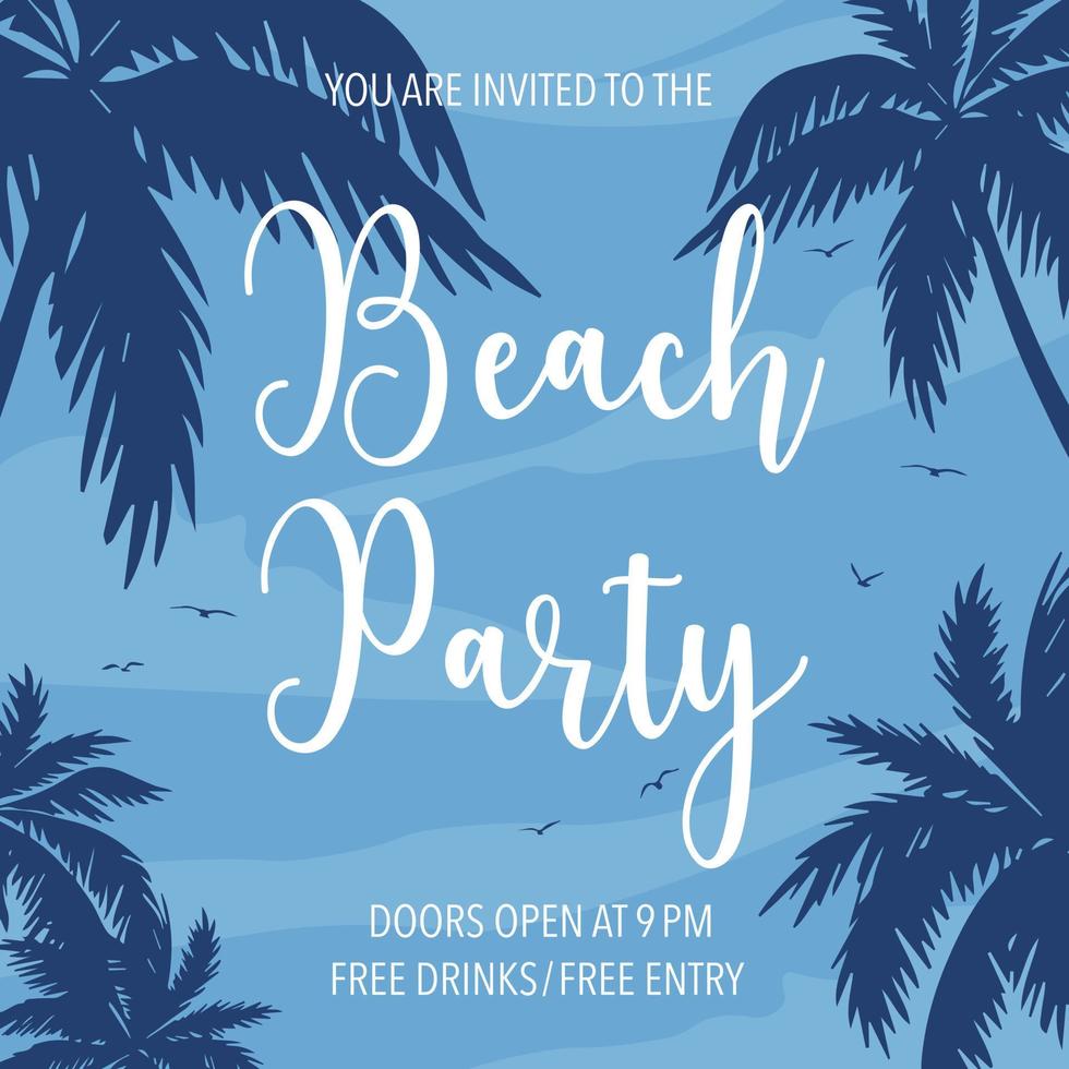 Beach party vector banner template in flat style. Tropical, exotic summer beach party invitation card, brochure, flyer or poster layout design with palm trees and flying birds in the blue sky.