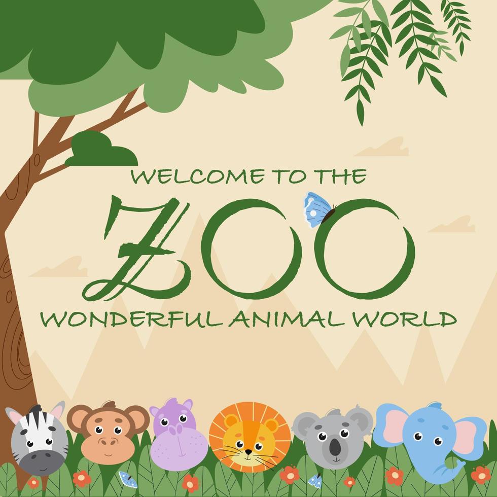 Zoo banner template with cute stylised wild animals in the jungle suitable for zoological garden entrance billboard, web or social media poster. Vector illustration in flat style.