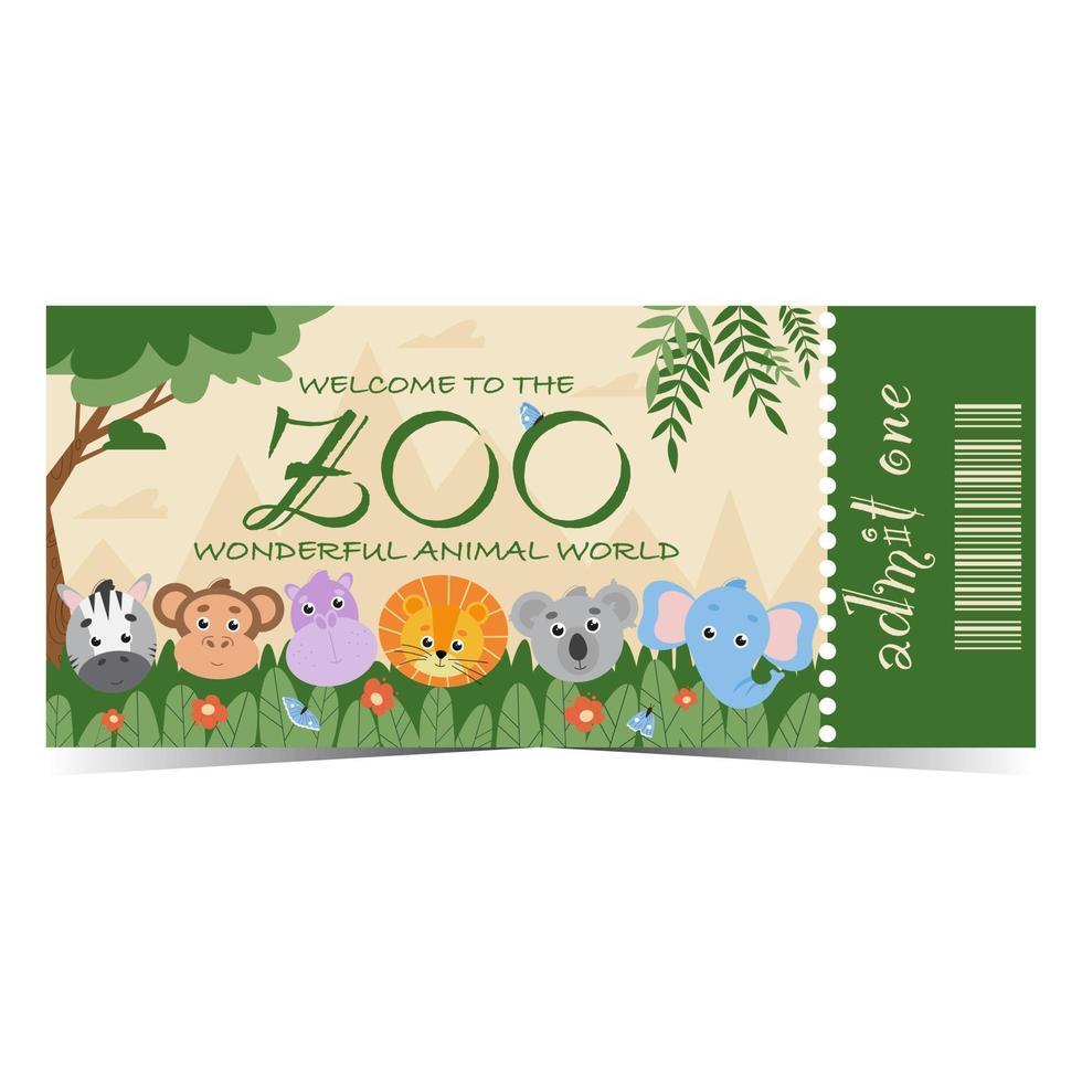 Zoo ticket with cute stylised exotic animals in the forest on background. Zoological park entrance talon with detachable part and barcode. Vector illustration in flat style.