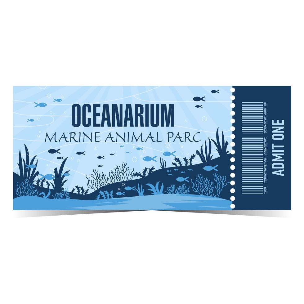 Oceanarium ticket template design for marine animal park entrance. Vector illustration of aquarium pass talon or coupon with image of the seabed with algae, floating fish and tearoff part and barcode.
