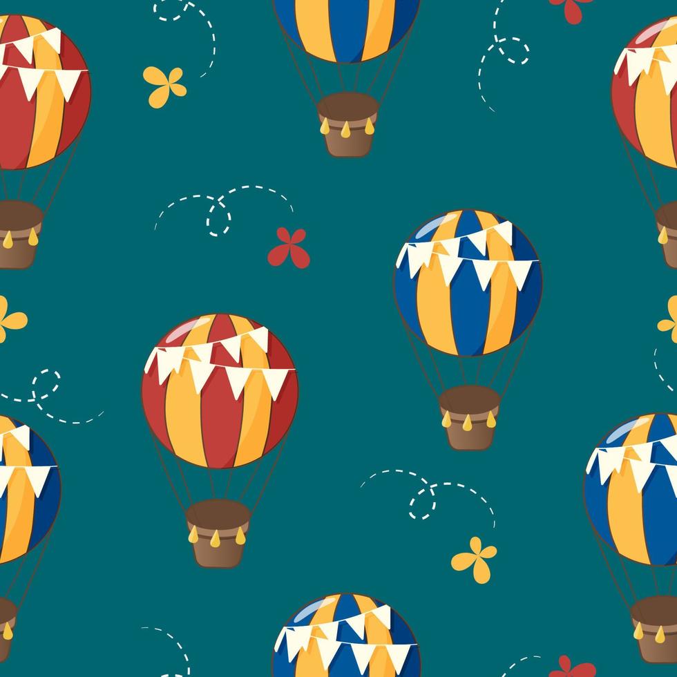 Seamless pattern with handdrawn colourful air balloons and butterflies. vector