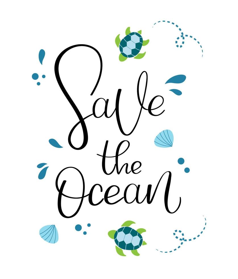 Handdrawn poster with lettering Save the ocean, surrounded by water drops and turtles. vector