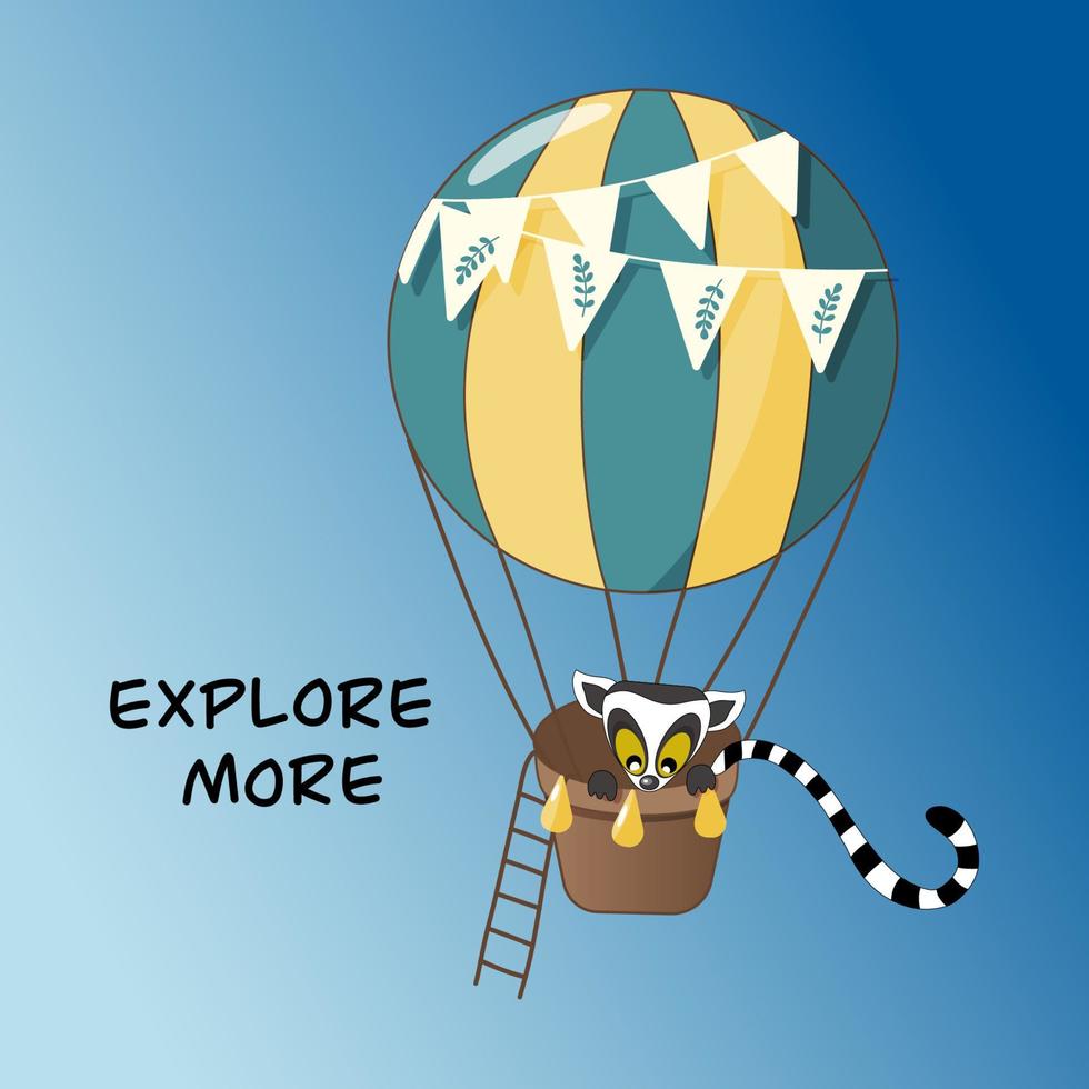 Handdrawn poster with a cute lemur flying in an air balloon. Perfect for kids room or textile design. vector