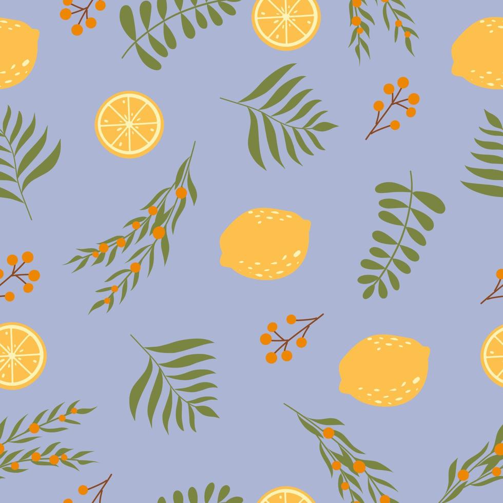 Colourful and bright seamless pattern with juicy lemons, leaves and berries. vector