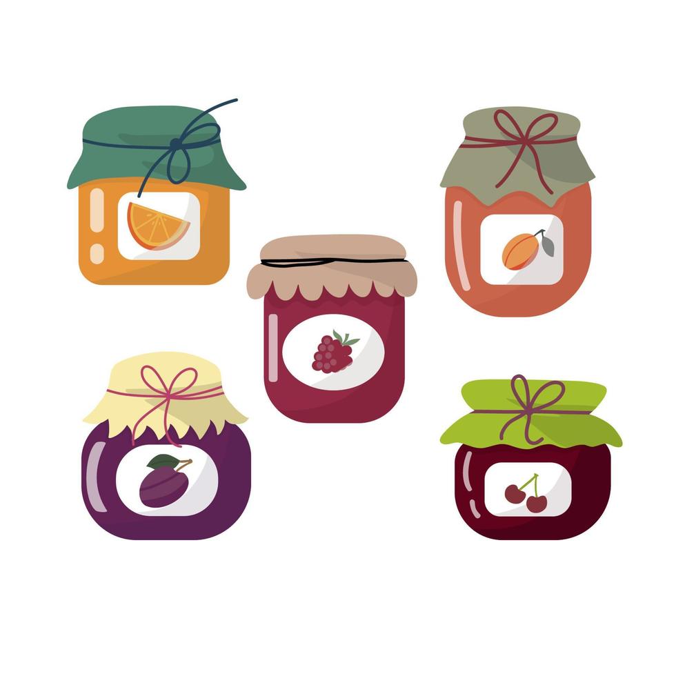 Set of glass jars of different homemade jam. vector