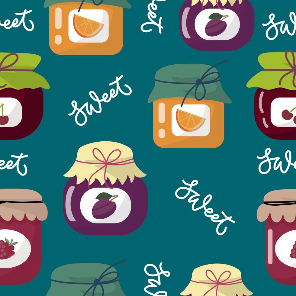 Colourful and bright seamless pattern with handdrawn jars of jam. vector