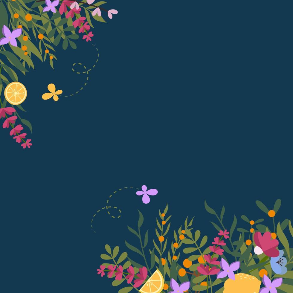 Ilustración de vector de banner de primavera. lindo diseño de vacaciones de verano coloridas flores, limones, hojas y mariposas.