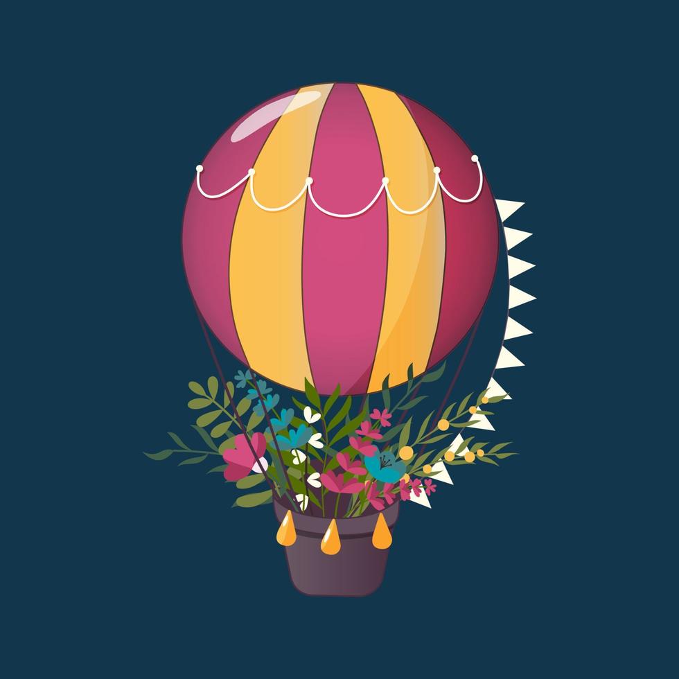 Handdrawn colourful air balloon with flowers, leaves and butterflies. vector