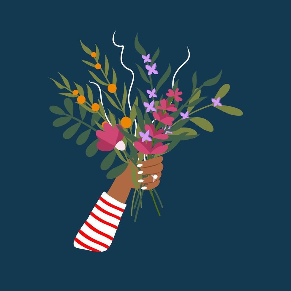 la mano de una chica sosteniendo un hermoso ramo de flores de colores. un regalo romántico para un ser querido. concepto de vector romántico.