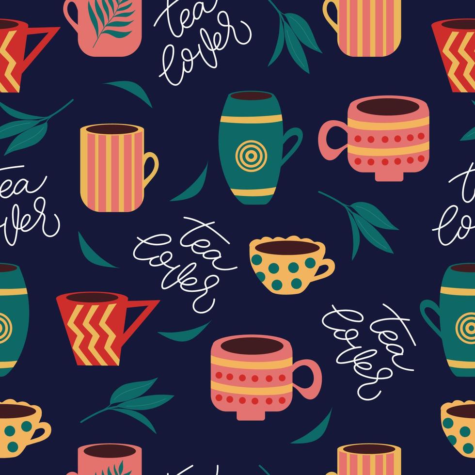 Colourful and bright seamless pattern with different cups, mugs and tea tree leaves. vector