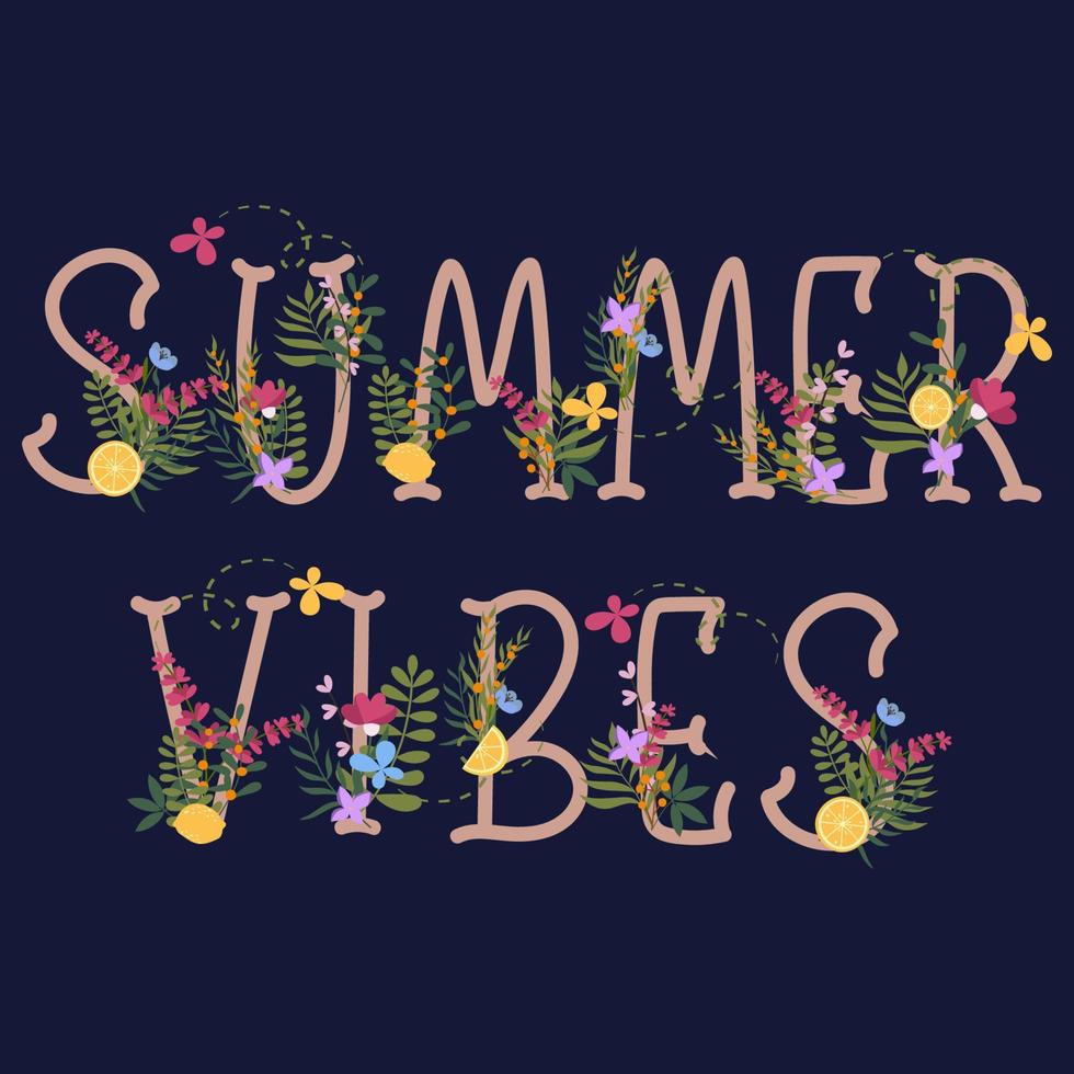 Hand drawn colourful lettering Summer Vibes surrounded with flowers, leaves, lemons and butterflies. vector