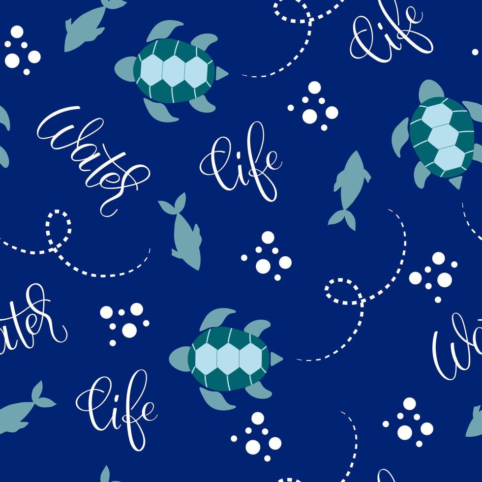 Seamless pattern with turtles, fishes and handwritten lettering on a dark blue background. vector