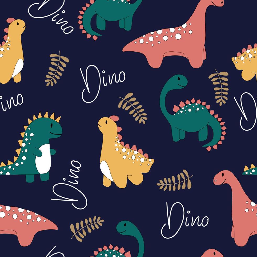 Colourful and bright seamless pattern with dinosaurs, leaves and lettering. vector