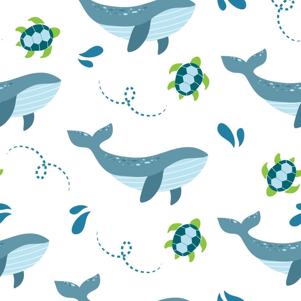 Seamless pattern with whales and turtles in blue and green colours on a white background. vector