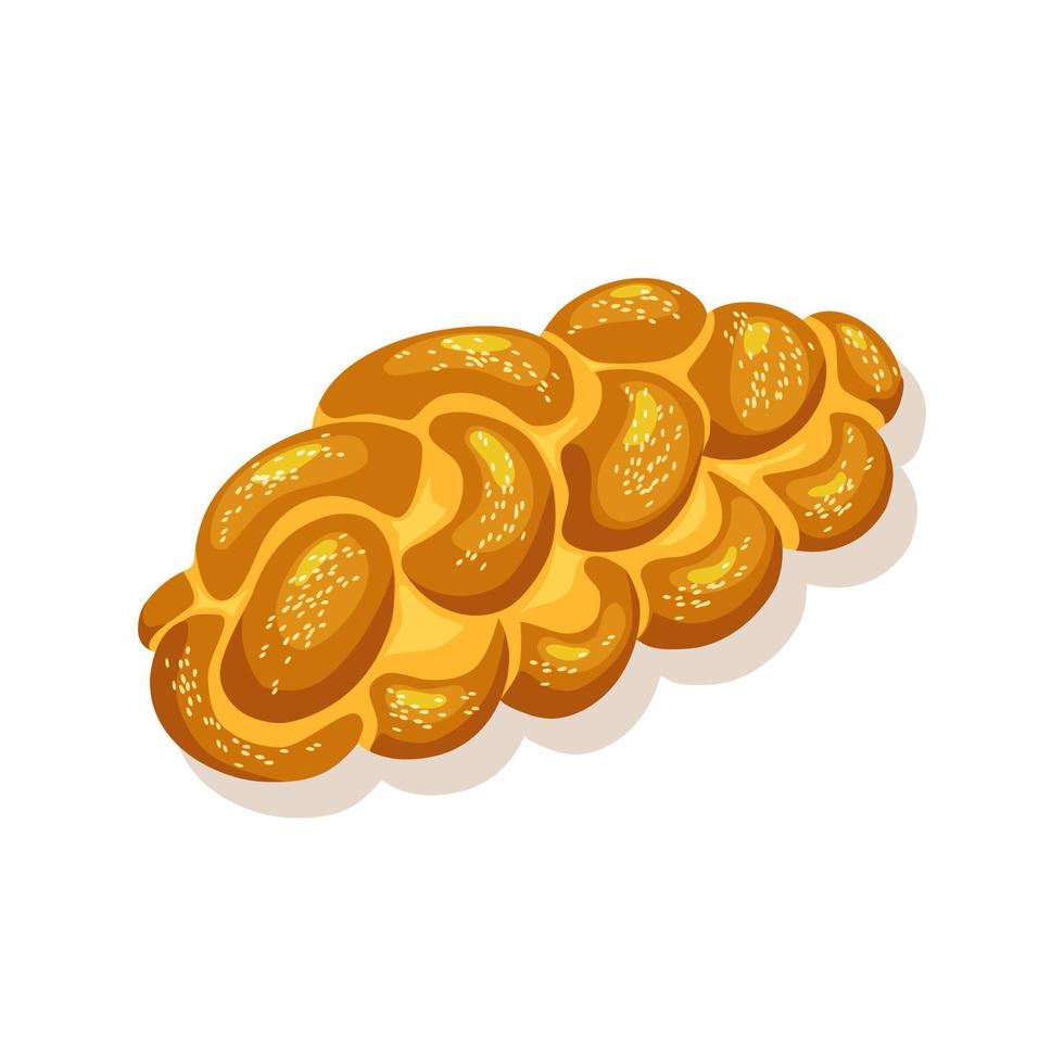Holiday  Jewish  braided loaf of challah on a white isolated background. Saturday bread. Vector illustration.