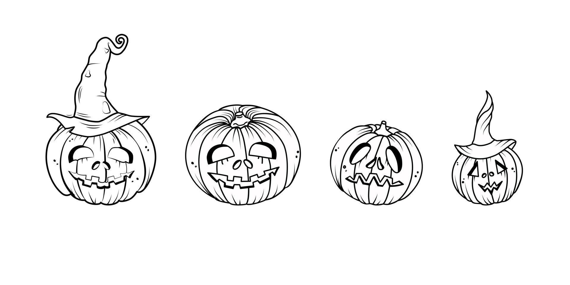 Various pumpkins set on a white isolated background. Halloween illustration. Coloring book for children and adults. Vector