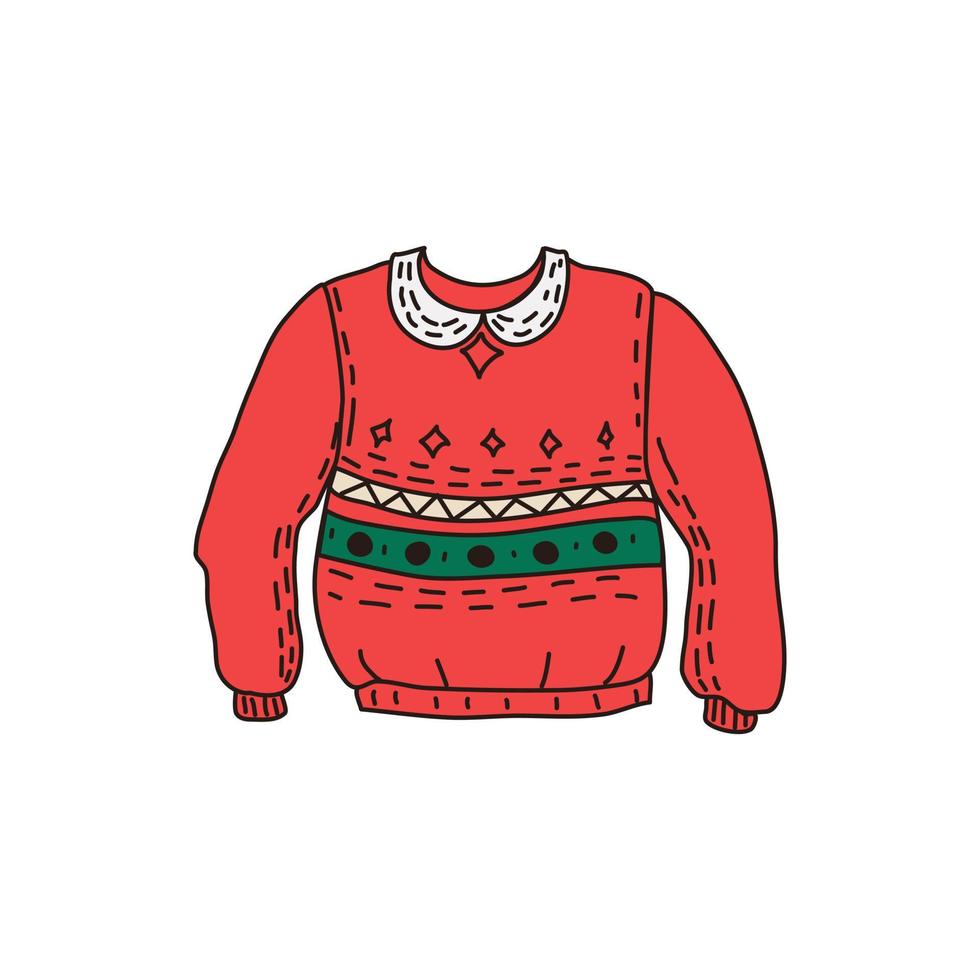 Ugly Red Sweater in the doodle style. Funny Christmas clothes. Vector hand-drawn illustration