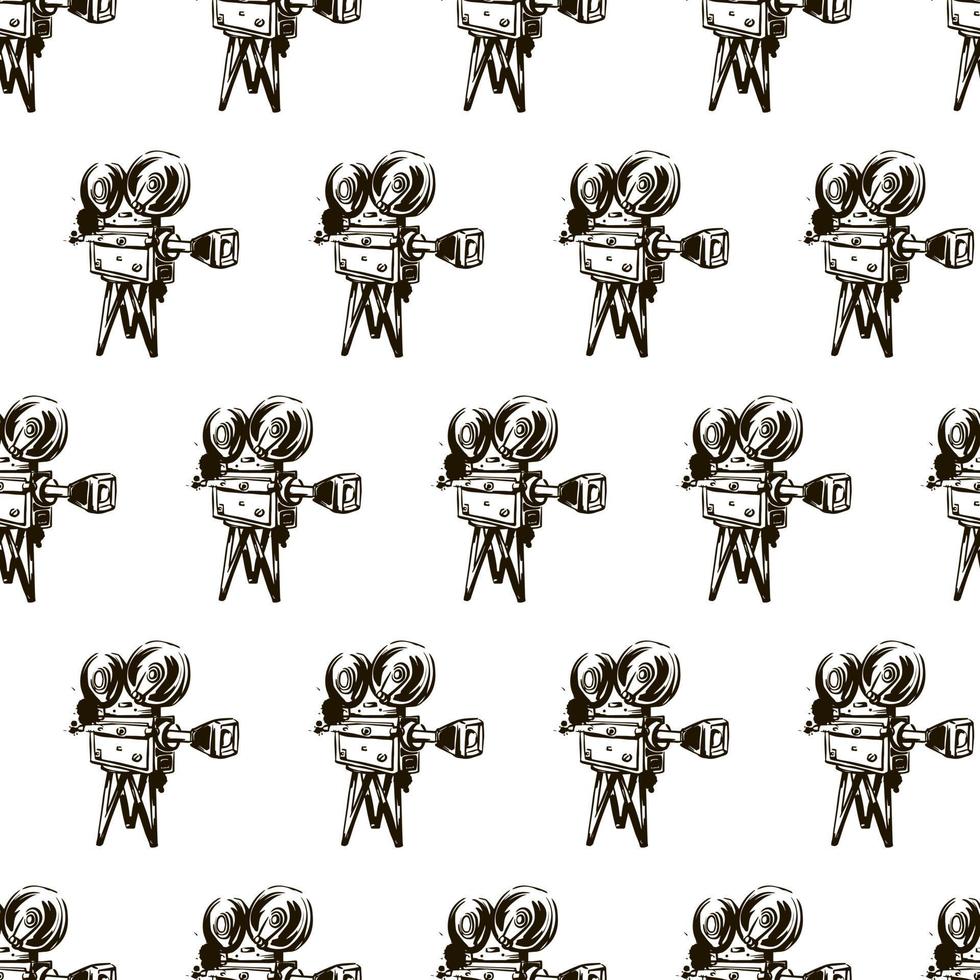 Cinema. Vintage video camera seamless pattern. Hand-drawn vector illustration.