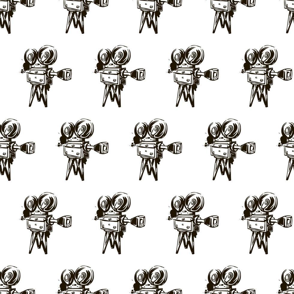 Cinema. Vintage video camera seamless pattern. Hand-drawn vector illustration.