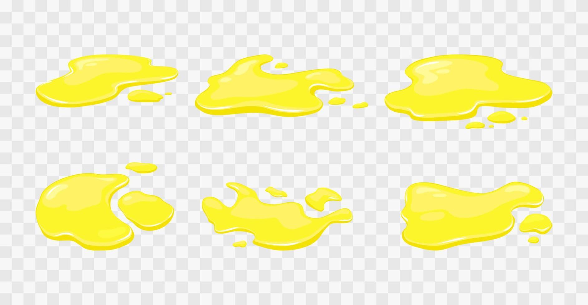 Yellow liquid. Spilling juice, honey or oil. Vector cartoon set on an isolated background.