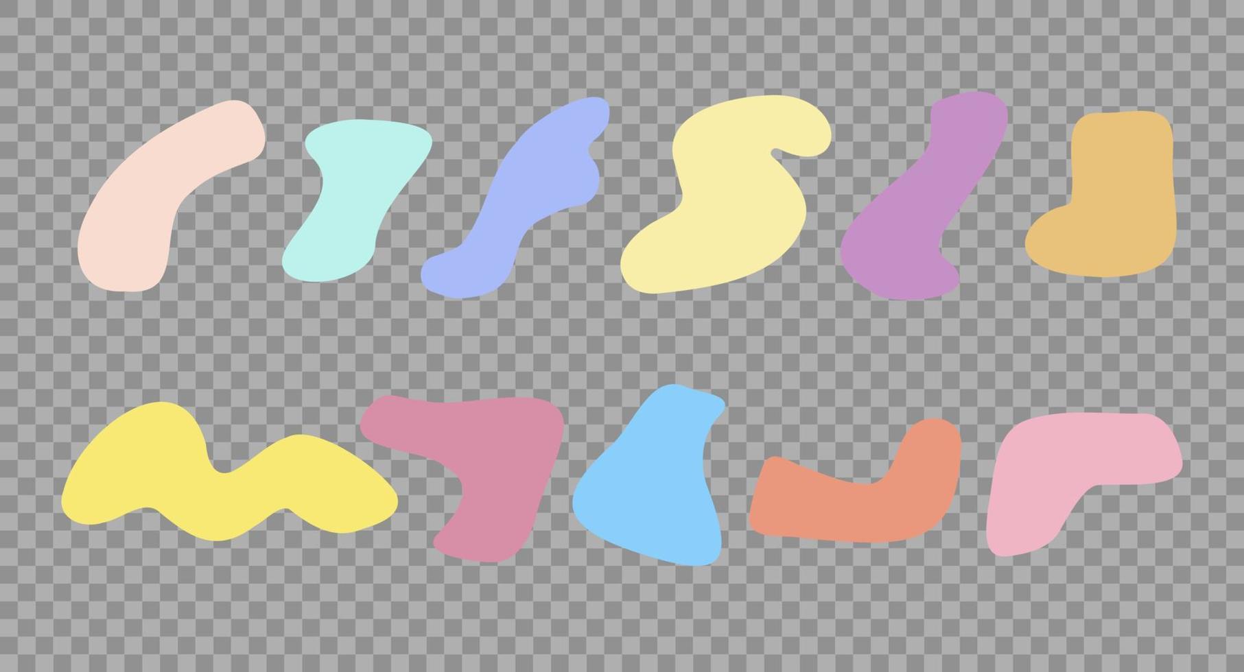 Random color shapes set on a transparent background. Pastel colors. Silhouettes of spots. Vector hand-drawn illustration