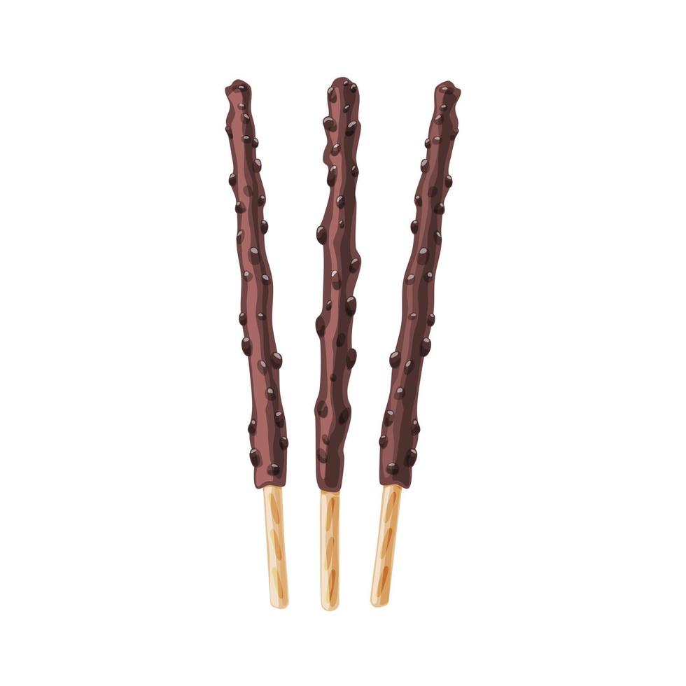 Chocolate biscuit sticks  with almond crush on a white isolated background. Delicious dessert. Vector cartoon illustration