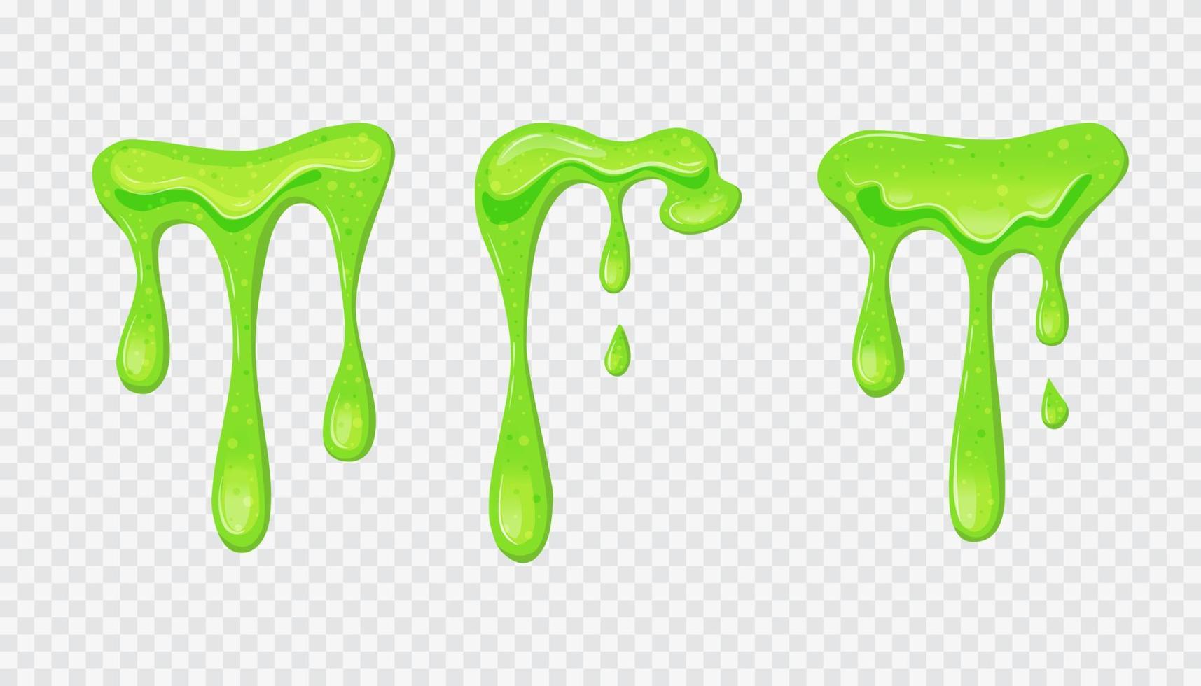 Green sticky liquid. Shiny dripping slime. Set  transparent background. Vector cartoon illustration.