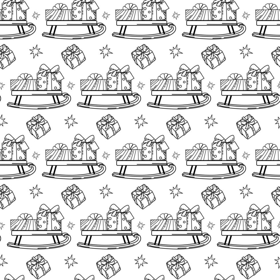 Holiday Christmas seamless pattern with sledges and gift boxes. Coloring book for adults. Outline vector background