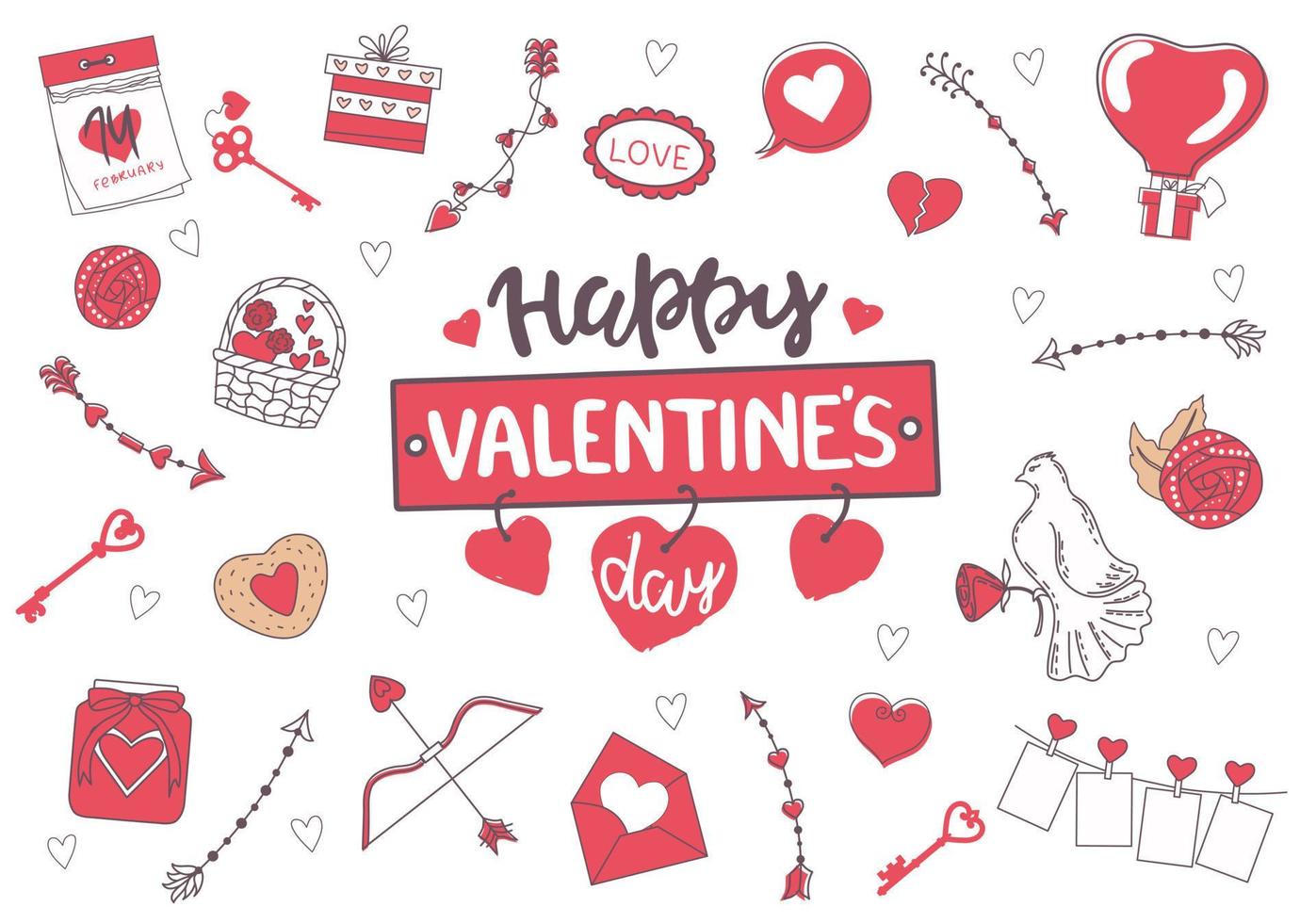 Set for Valentine's Day on a white background. Doodle style. Vector illustration.