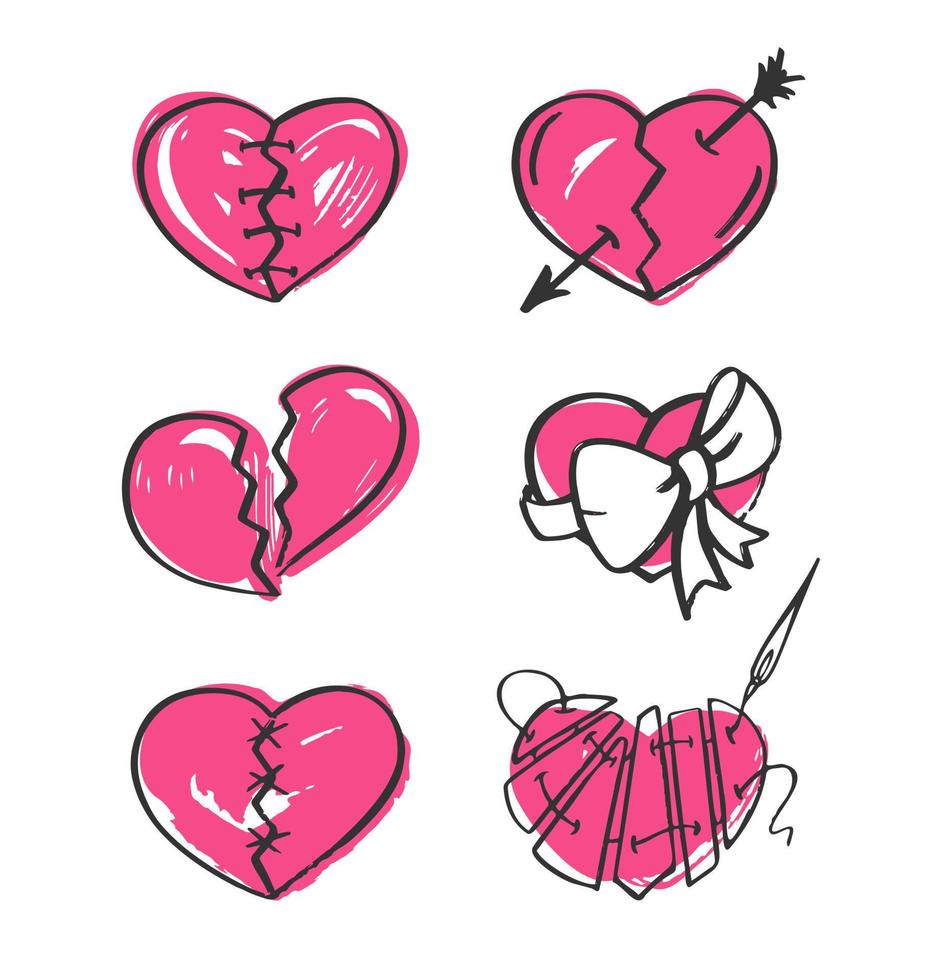 Broken heart set on white background. Hand-drawn vector illustration.