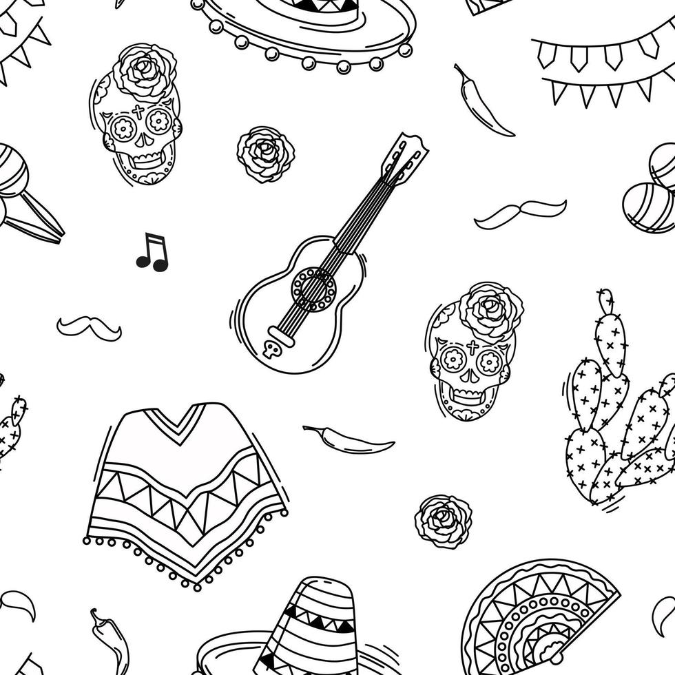 Mexican seamless pattern on white background. Background in the outline style. Coloring book. Vector illustration.